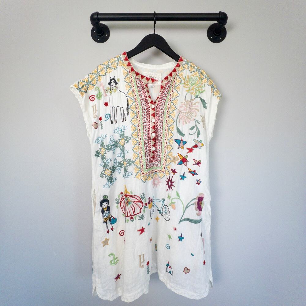 Johnny Was Biya Blair Floral Embroidered Linen Cotton Tunic Boho Top M